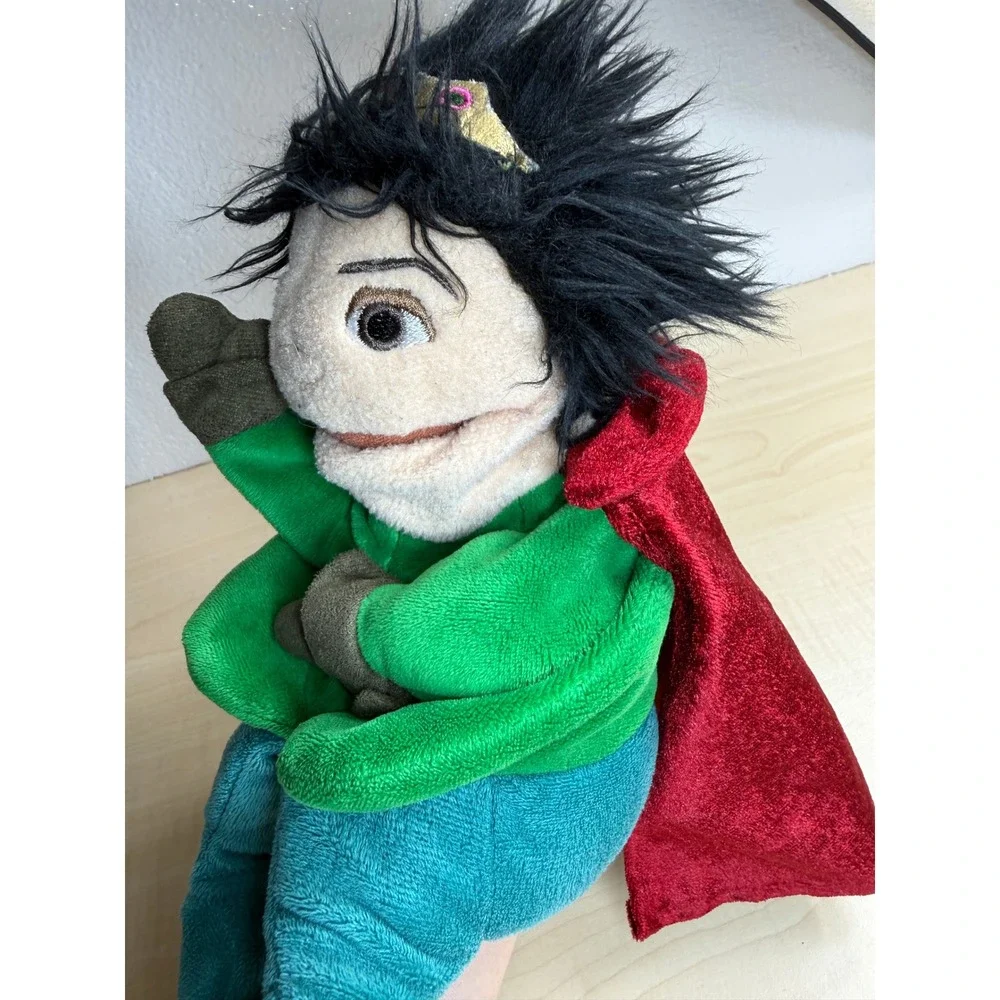 Prince Hero Hand Puppet with Red Velvet Dragon Crest Cape Black Hair Crown Plush